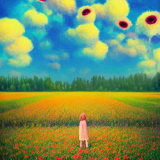 Image similar to large flower as a face, girl standing in a flower field, surreal photography, big trees, sunrise dramatic light, impressionist painting, colorful clouds, digital painting, pointillism, artstation, simon stalenhag