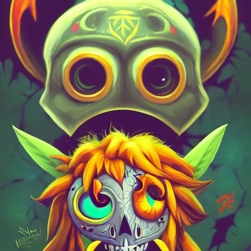 Image similar to a logo of majora's mask skull kid, art by lois van baarle and loish and ross tran and rossdraws and sam yang and samdoesarts and artgerm and saruei and disney, digital art, highly detailed, intricate, sharp focus, trending on artstation hq, deviantart, unreal engine 5, 4 k uhd image