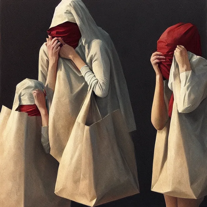 Image similar to two women hugging with a paper bag over the head dressed in plastic bags, highly detailed, artstation, art by, , edward hopper, Zdzislaw Beksinski, highly detailed