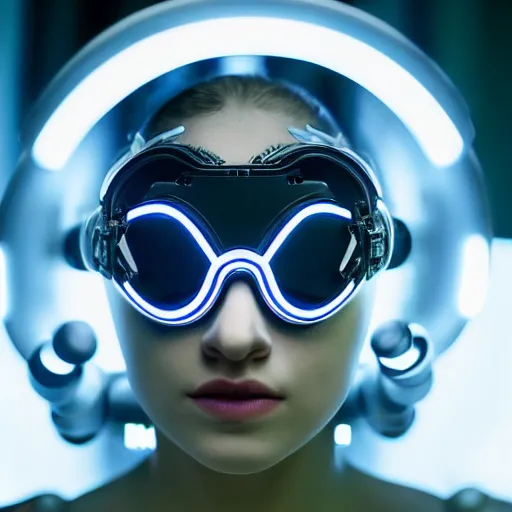 Image similar to centered portrait photo by bouguereau of female dancer as a cyberpunk mecha humanoid robotic parts wearing goggles with led lights, inside white room, ultra - realistic and detailed, long exposure, soft focus, hdr 8 k