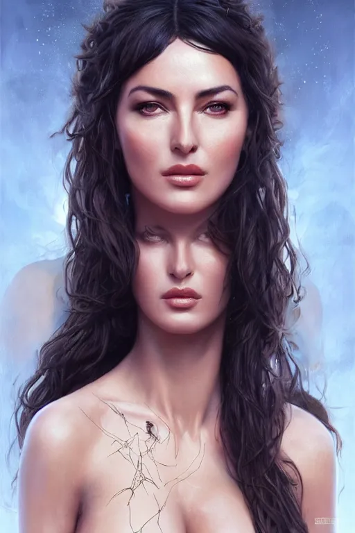 Image similar to monica bellucci as loving goddess, anatomy, only two hands, highly detailed, digital painting, artstation, concept art, smooth, sharp focus, illustration, unreal engine 5, 8 k, art by art by artgerm and greg rutkowski and edgar maxence