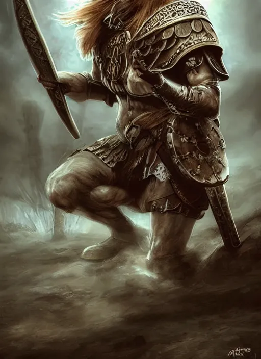 Image similar to aesthetic digital illustration of a kneeling viking warrior, by anne stokes | dirty and bloody, concept art, character concept, matte background. unreal engine, finalrender, centered, deviantart, artgerm