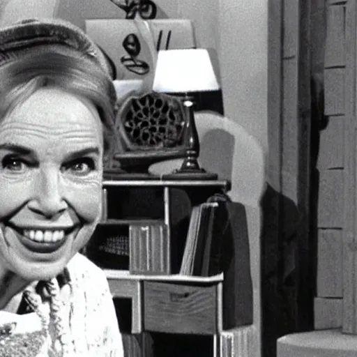 Prompt: lady aberlin in mister rogers land of make believe 1960s TV studio promotional color still