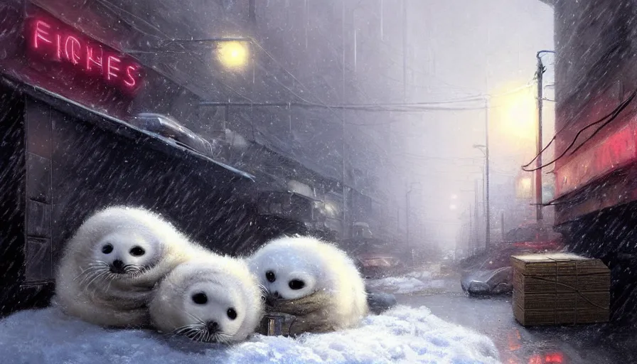 Image similar to highly detailed painting of cute furry white baby seals cuddled up in a cardboard box in a snowy dystopian cyberpunk street by william turner, by greg rutkowski, by artgerm, thick brush strokes and visible paint layers, 4 k resolution, retrowave colour scheme