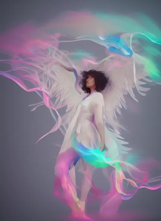Image similar to female spirit made out of clouds and floating ribbons, spectrum colours, angelic, realistic, cinematic light, volumetric, octane render