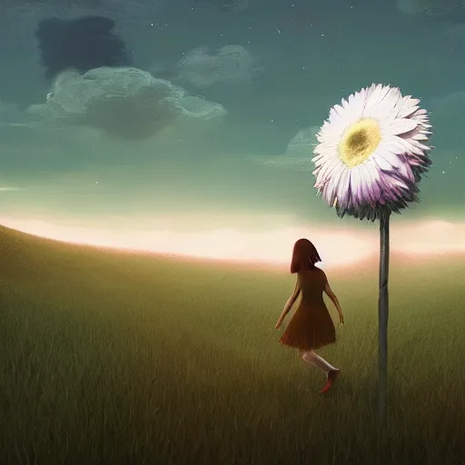 Image similar to giant daisy flower as a head, girl walking in field, surreal photography, moon light, dark night, dramatic, impressionist painting, clouds, digital painting, artstation, simon stalenhag