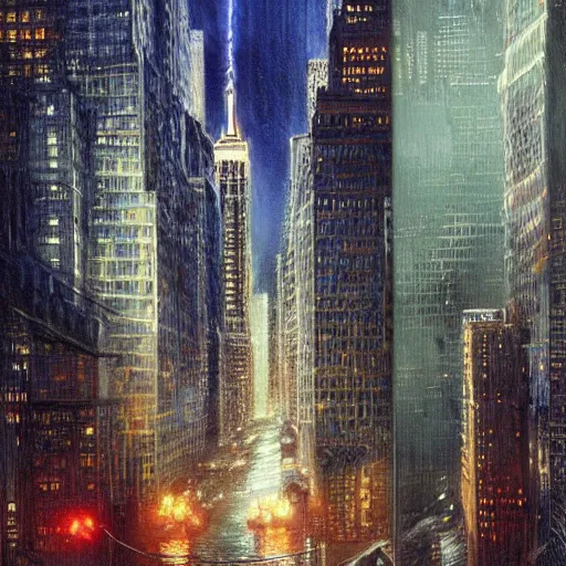 Prompt: a painting of new york city, september 1 1, 2 0 0 1's, ultra - realistic, color, concept art, intricate details, night, thunder, raining, eerie, highly detailed,, dark fantasy, photorealistic, octane render, 8 k, unreal engine 5. art by artgerm and greg rutkowski