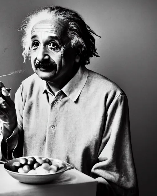 Prompt: A photo of Albert Einstein eating gulab jamun, highly detailed, trending on artstation, bokeh, 90mm, f/1.4