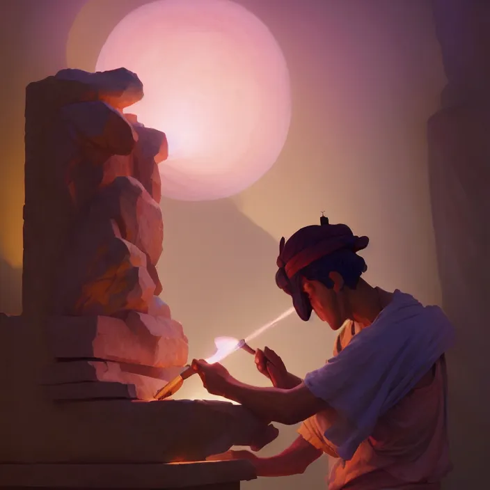 Prompt: a stone carver working on a statue in his workshop, vibrant colors, atey ghailan, delphin enjolras, goro fujita, makoto shinkai, rim light, exquisite lighting, octane render, very coherent, trending on artstation