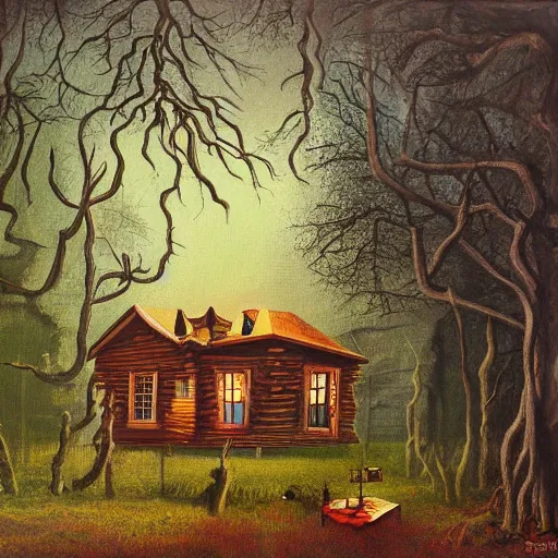 Prompt: a painting of a Eerie cabin in the middle of the woods in the style of Salvador Dali