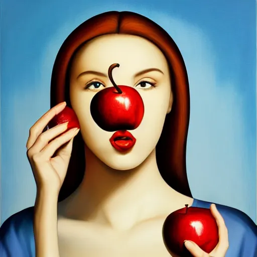 Image similar to a painting of a woman with an apple in her mouth, an ultrafine detailed painting by rafal olbinski, behance contest winner, pop surrealism, detailed painting, skeuomorphic, airbrush art