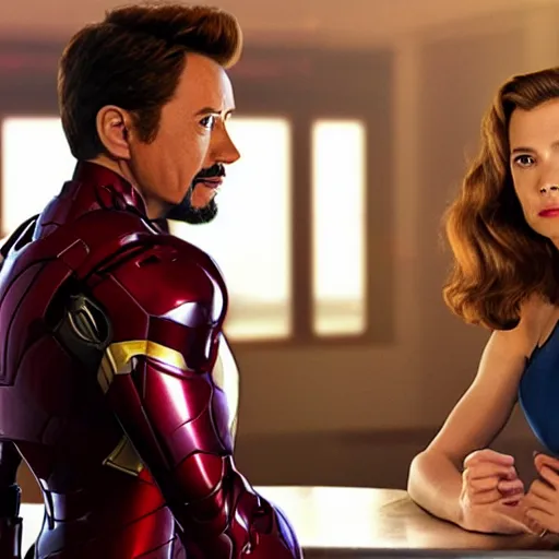 Prompt: a realistic image of iron man on a date with peggy carter, ultra realistic, ultra beautiful, cafe, open world lighting, sunlight