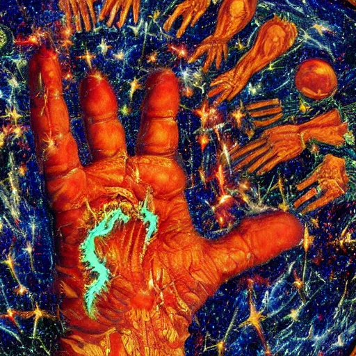 Image similar to cosmic hand eaten by cannibal ecclesial fraternity, intricate, aesthetic, artistic, 8 k resolution