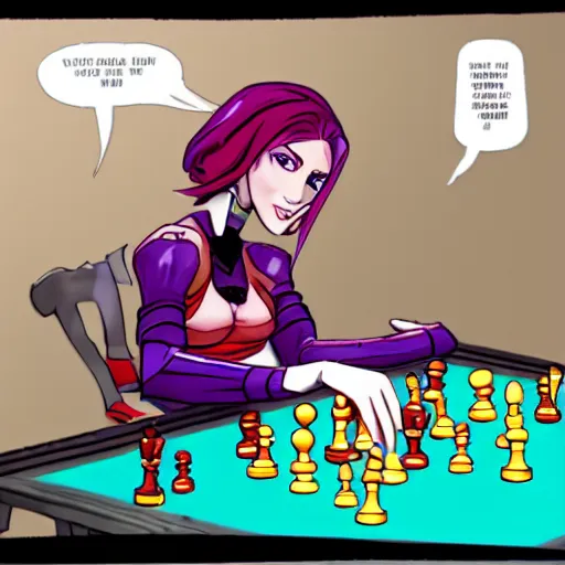 Image similar to Jinx (from Arcane) sitting by a table playing chess