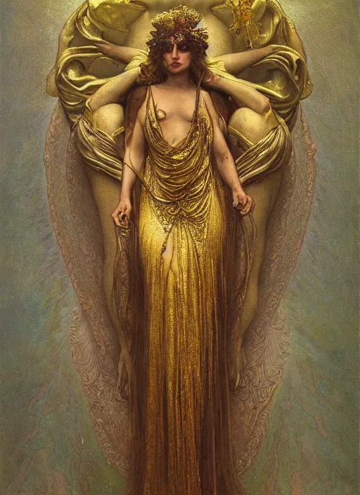 Prompt: hyper realistic painting of goddess of melancholy, gold ornaments, flowing fabric, intrincate detail, detailed faces by wayne barlowe, gustav moreau, goward, gaston bussiere and roberto ferri, santiago caruso, and austin osman spare, ( ( ( ( occult art ) ) ) ) bouguereau, alphonse mucha, saturno butto