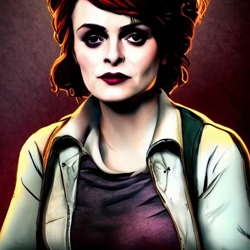 Image similar to helena bonham carter portrait, borderlands, tales from the borderlands, the wolf among us, comic, cinematic lighting, studio quality, 8 k