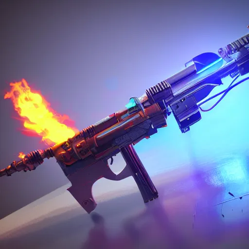 Image similar to plasma flamethrower, neon, cyberpunk, 3 d render, octane, ray tracing, ultra high resolution, ultra detailed, photorealistic