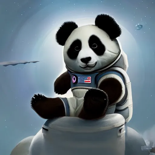 Image similar to a cute and adorable panda in an astronaut suit on the moon, warm lighting with cool shadows, digital painting, detailed, trending on artstation, in the style of dominik mayer thomas dubois, gaston bussiere, 8 k, octane render