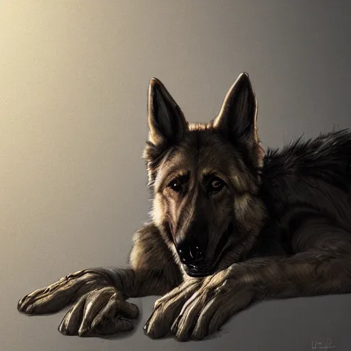 Image similar to a wounded humanoid german shepherd beast - man in military style, sitting on the carpeted floor beside a bed, highly detailed portrait, digital painting, artstation, concept art, smooth, sharp foccus ilustration, artstation