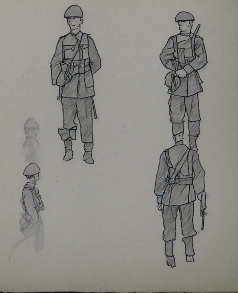 Image similar to sketchbook pages, stil frames of a drawing of a soldier from wwii writing a letter to home, stop motion, minimal, black and wite