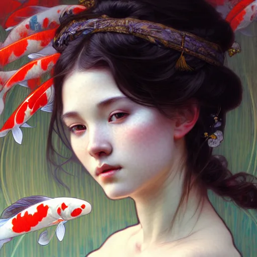 Image similar to Portrait of a girl surrounded by Koi fish, face, fantasy, intricate, elegant, highly detailed, digital painting, artstation, concept art, smooth, sharp focus, illustration, art by Dapeng song and Artem Demura and alphonse mucha