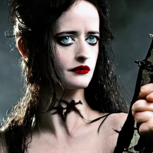 Prompt: photo of full shot photo of eva green as a vampire warrior with weapons