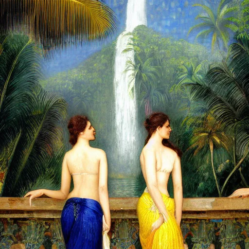 Prompt: a ultradetailed beautiful painting of three beautiful and physically attractive women standing in front of the diamonds waterfall in the amazonas palace balustrade designed by jules bastien - lepage, tarsila do amaral, frank weston and gustave baumann, beach, trending on artstation, mediterranean, palm trees, sharp focus, soft light, 8 k 4 k