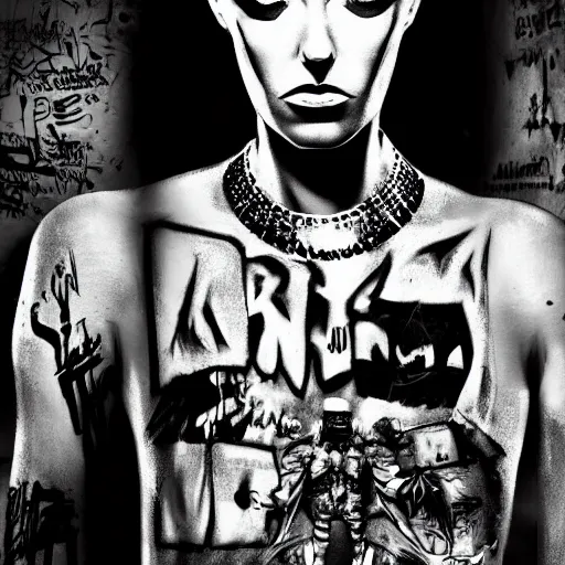 Image similar to die antwoord chappie, back and white, zef design graffiti in the background, dark lighting, digital art