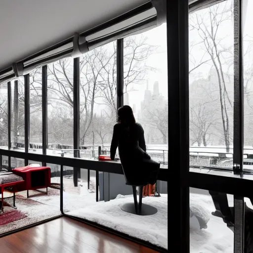 Prompt: modern loft overlooking central park in winter, snowing, fireplace roaring, woman sitting in modern leather chair looking out the window, warm lighting, blizzard outside, nyc, in the style of bill sienkiewicz