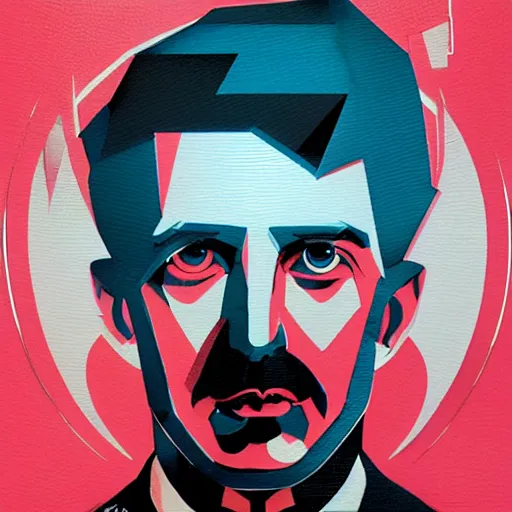 Prompt: visionary inventor nikola tesla profile picture by sachin teng and artgerm, art style by midjourney, masterpiece, organic painting, matte painting, technical geometrical drawing shapes, lightning electricity coil, hard edges, graffiti, street art by sachin teng