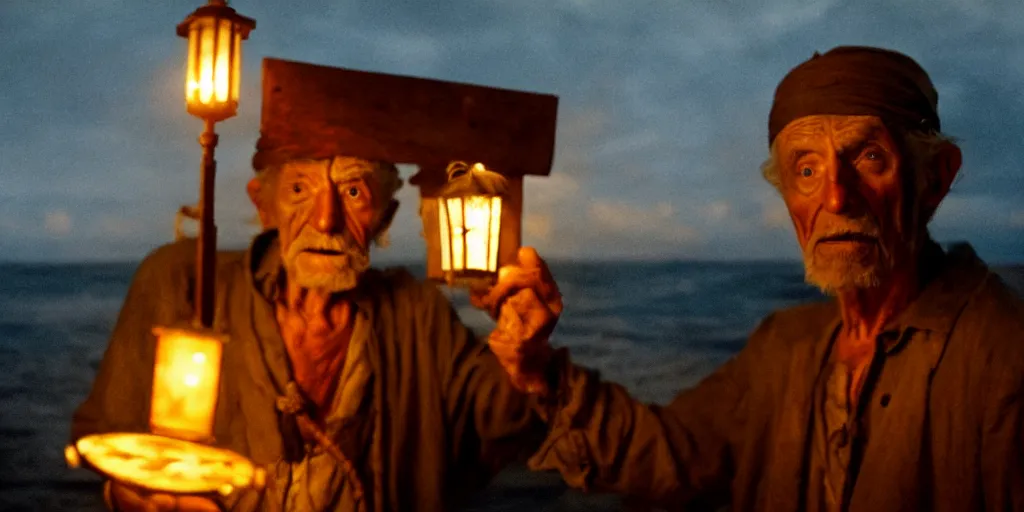 Image similar to film still of closeup old man holding up lantern by his beach hut at night. pirate ship in the ocean by emmanuel lubezki