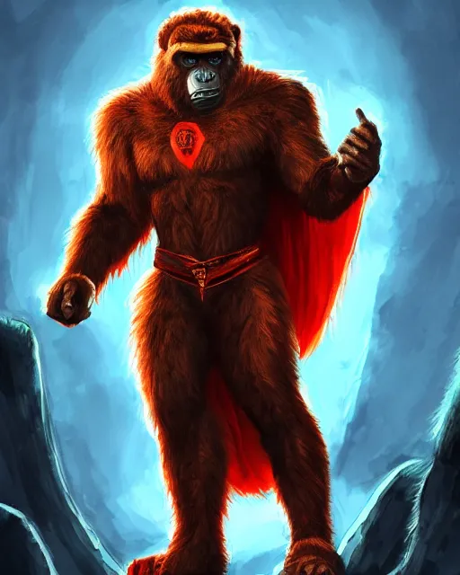 Prompt: fury art, an anthro ape wearing a large cape and a fantasy armor, fire, ice, fiery background, 3 d, 8 k, extremely detailed, trending on furaffinity, trending on artstation, award winning, sharp focus, illustration