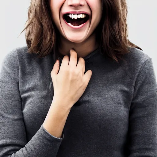 Prompt: first - person photograph of a woman laughing histerically, white space, 4 k, professional photography, extreme detail, realistic facial features, eye contact