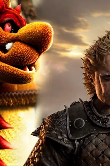 Image similar to very very intricate photorealistic photo of bowser in an episode of game of thrones, photo is in focus with detailed atmospheric lighting, award - winning details