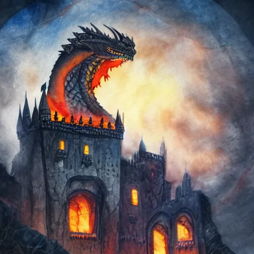 Image similar to a majestic , magnificent fire breathing dragon flying over a medieval castle under a dark starred sky, dark fantasy, watercolor, dreaming illusion, highly detailed, 4k, trending on Artstation, award-winning