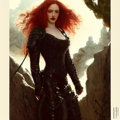 Image similar to redhead kat dennings wearing black medieval armour, by gaston bussiere, bayard wu, greg rutkowski, giger, maxim verehin, greg rutkowski, masterpiece, sharp focus, cinematic lightning