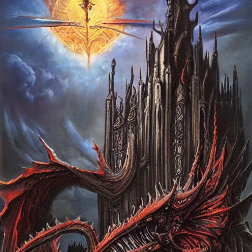 Image similar to an epic demonic alien dragon demigod descending from the heavens and cosmos to consume the earth, gothic castle with tall spires, by dan seagrave art