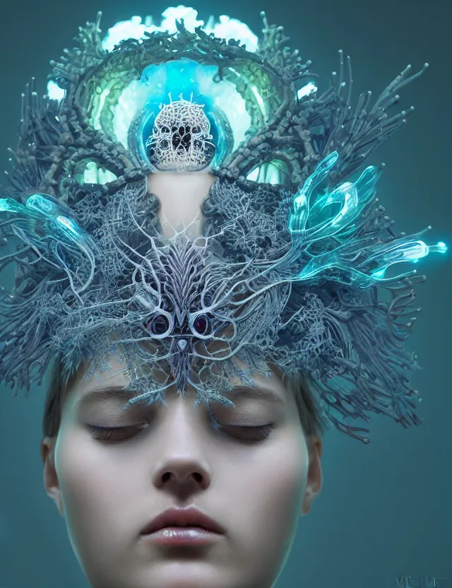Image similar to symmetrical, centered, goddess close-up portrait wigh crown made of skulls. phoenix betta fish, phoenix, bioluminiscent creature, super intricate ornaments artwork by Tooth Wu and wlop and beeple and greg rutkowski