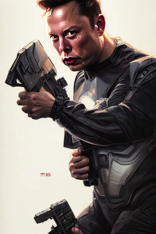 Prompt: elon musk as punisher, realistic portrait, symmetrical, highly detailed, digital painting, artstation, concept art, smooth, sharp focus, illustration, cinematic lighting, art by artgerm and greg rutkowski and alphonse mucha