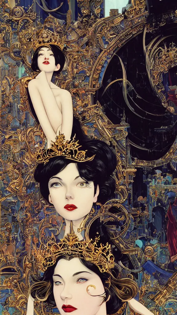 Image similar to a beautiful black haired woman with pale skin and a crown on her head sitted on an intricate metal throne new york circa 1 9 8 4 edward hopper and james gilleard, surreal, open ceiling, highly detailed, airbrush, ilya kuvshinov, wlop, stanley artgerm, very coherent, art by takato yamamoto and james jean