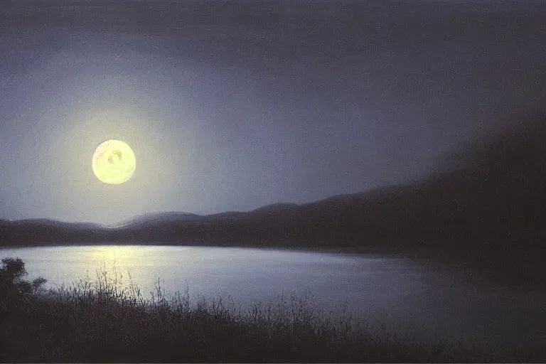 Prompt: awe inspiring arkhip kuindzhi landscape, hyperrealistic oil painting, moonlight over a river at night, 4 k, matte