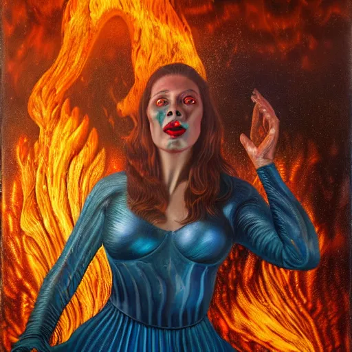 Image similar to realistic extremely detailed photo style portrait painting of a witch dancing in the shine of a huge fire. the face of a demon is half transparent visible right over the fire. retro futuristic ,water, by Stanisław Szukalski , rich moody colors,diamond dust glitter and sparkles, holographic krypton ion, blue eyes, octane render, 4k, f32