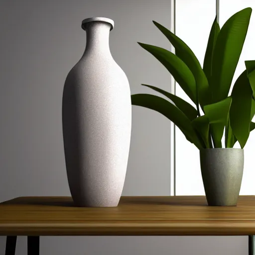 Image similar to a large vase sitting on top of a wooden table, a still life by ras akyem, featured on cg society, photorealism, vray tracing, rendered in unreal engine, photorealistic