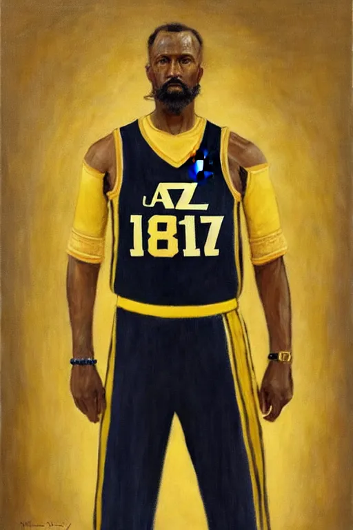 Image similar to full body portrait of the dictator of the nba utah jazz, 1 8 8 9, in full military garb, navy, green, yellow, oil on canvas by william sidney mount, trending on artstation