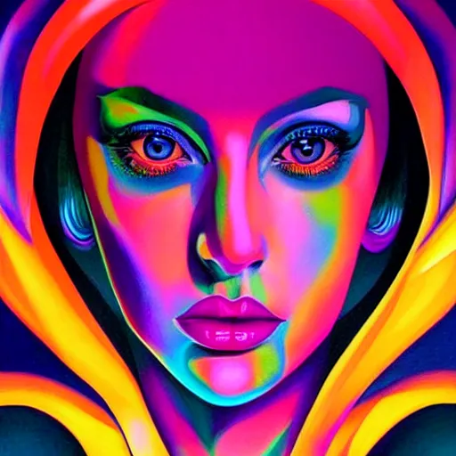 Prompt: colorful vaporwave lady gaga art deco portrait, an ultrafine detailed painting by rafal olbinski, thomas cole, behance contest winner, pop surrealism, detailed painting, very detailed, minimalist, skeuomorphic, airbrush art