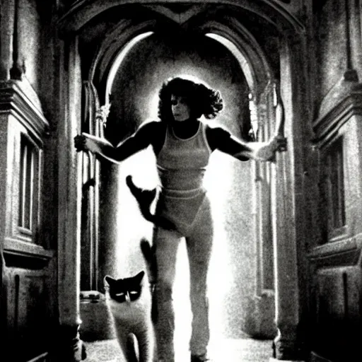 Image similar to detailed still of Ripley-Sigourney Weaver wearing a white singlet and cat Jonesy moving apartment New York City 1983, gothic building entrance way Art Deco, style of H.R. Giger, cinematic feel, high octane