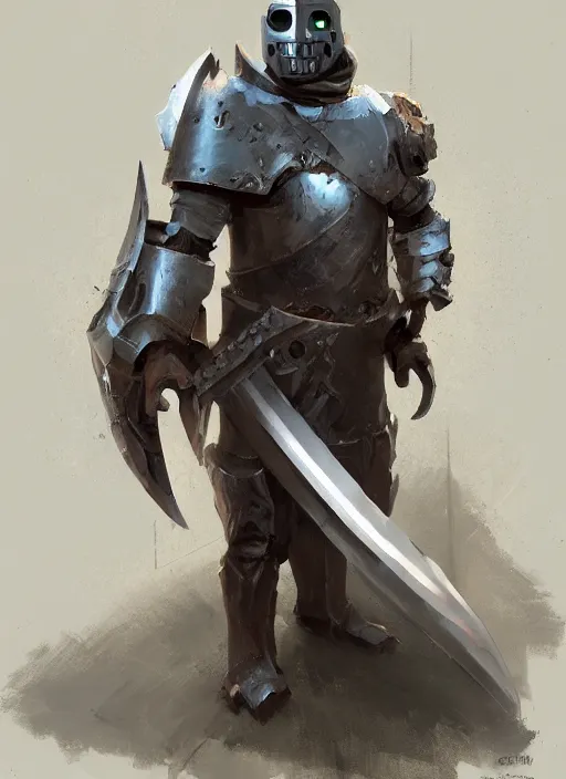 Prompt: portrait of a warforged character holding a paladin engraved longsword and carrying a big shield, epic rough concept art, by Greg Rutkowski