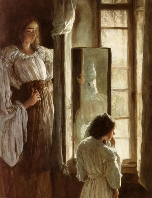 Image similar to peasant girl trying dress in front of a mirror, on a village, Cinematic focus, Polaroid photo, vintage, neutral colors, soft lights, foggy, by Steve Hanks, by Serov Valentin, by lisa yuskavage, by Andrei Tarkovsky 8k render, detailed, oil on canvas