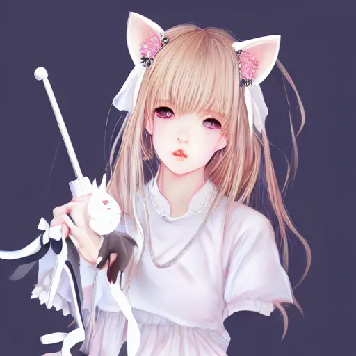 Image similar to realistic beautiful gorgeous natural cute Blackpink Lalisa Manoban white hair cute white cat ears in maid dress outfit golden eyes artwork drawn full HD 4K highest quality in artstyle by professional artists WLOP, Taejune Kim, Guweiz, ArtGerm on Artstation Pixiv