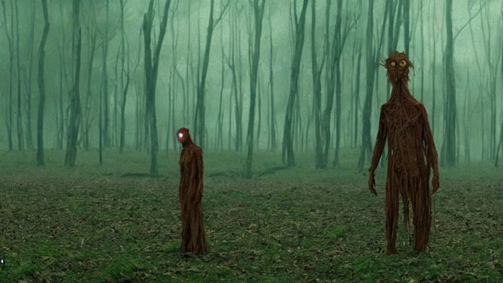 Prompt: the tall strange creature waits in the distant forest, film still from the movie directed by Denis Villeneuve with art direction by Salvador Dalí, wide lens